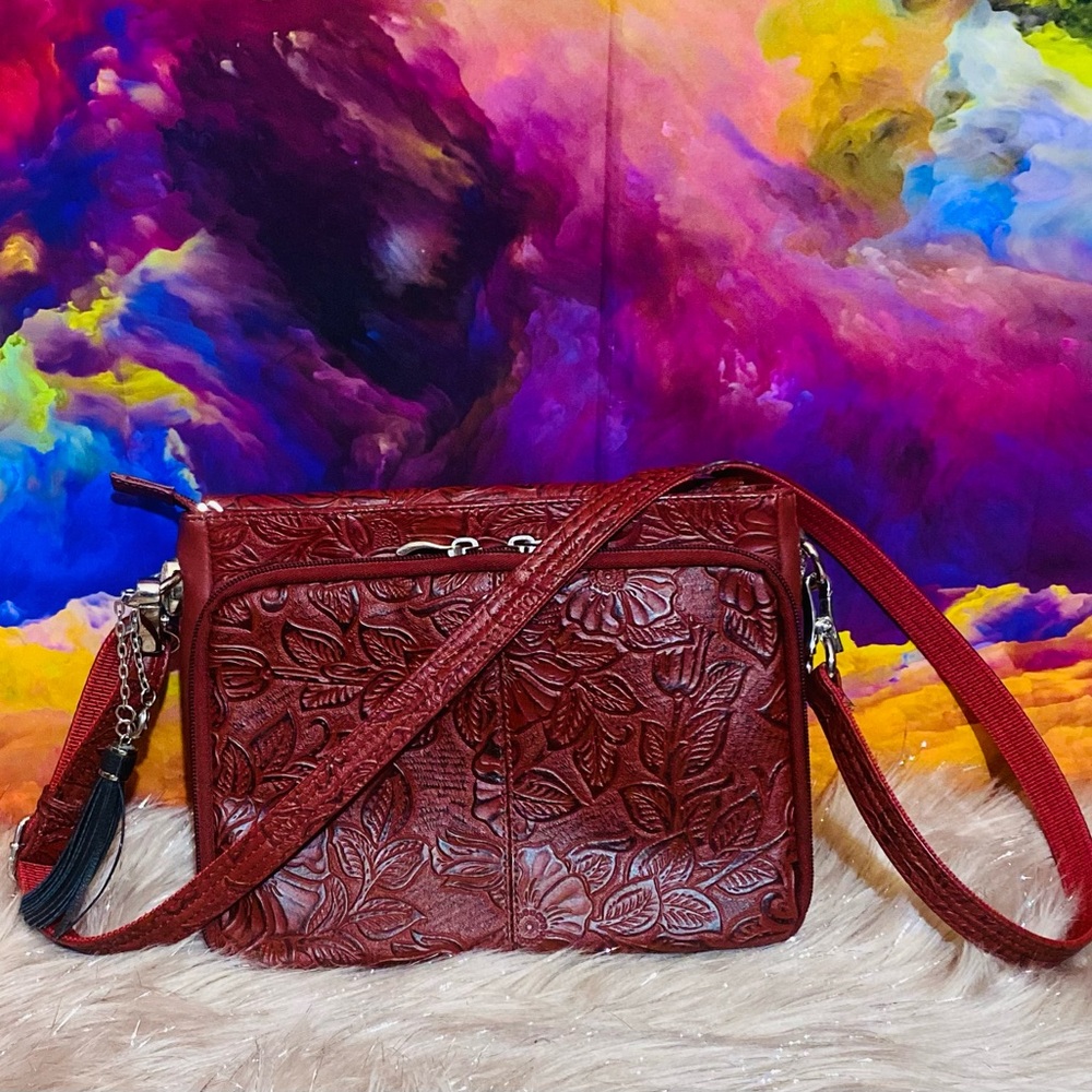 Concealed Carry Tooled American Cowhide Crossbody/Shoulder bag- Black Cherry